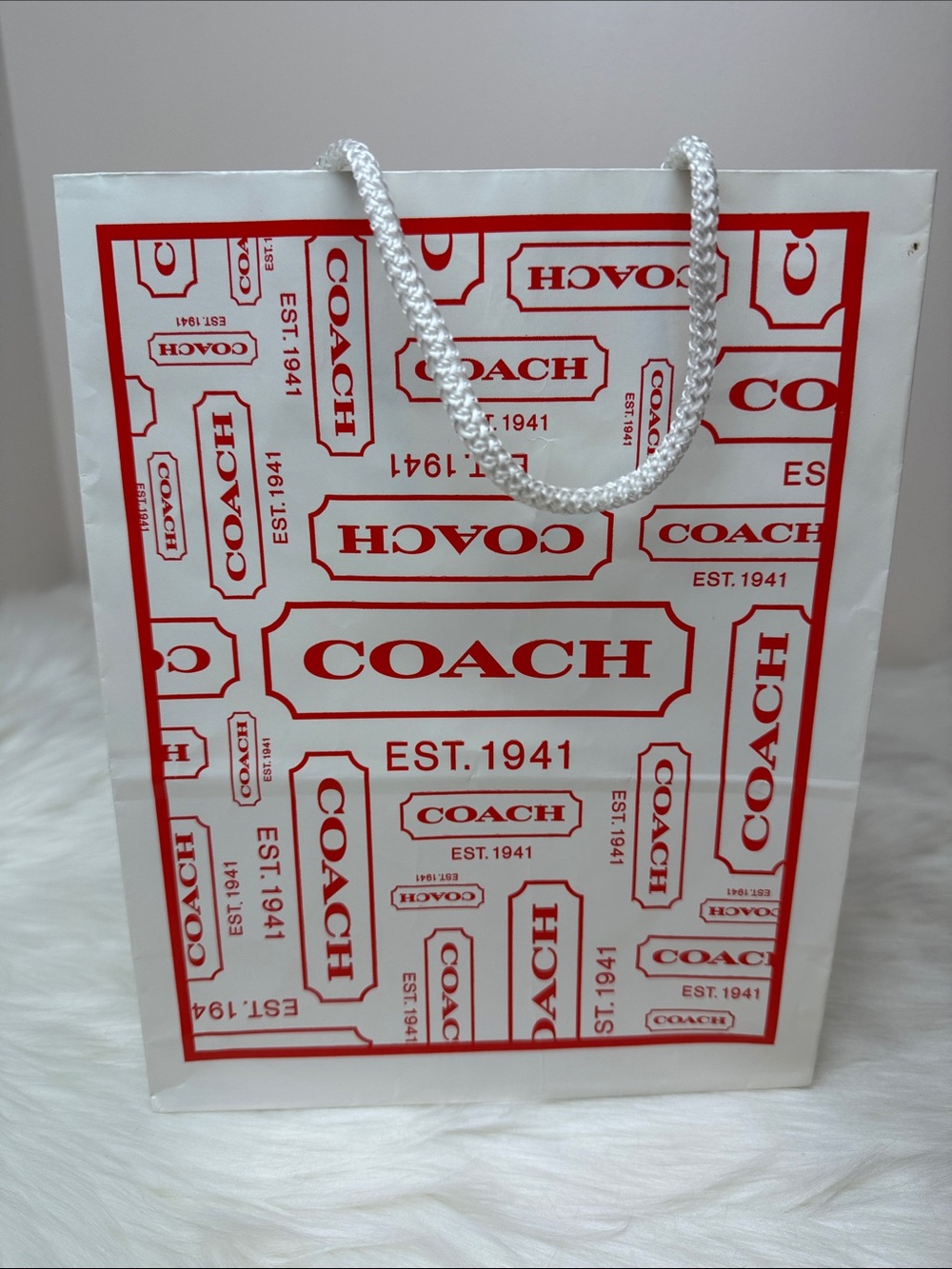 Coach Designer Gift Bag in White and Red 10x8x4.25